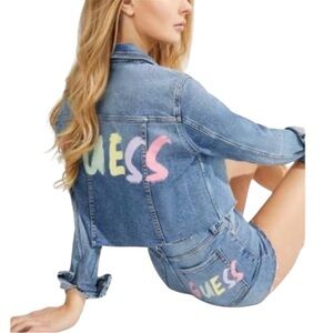 Guess Y2K Denim Cropped Jacket Pastel Logo Size M